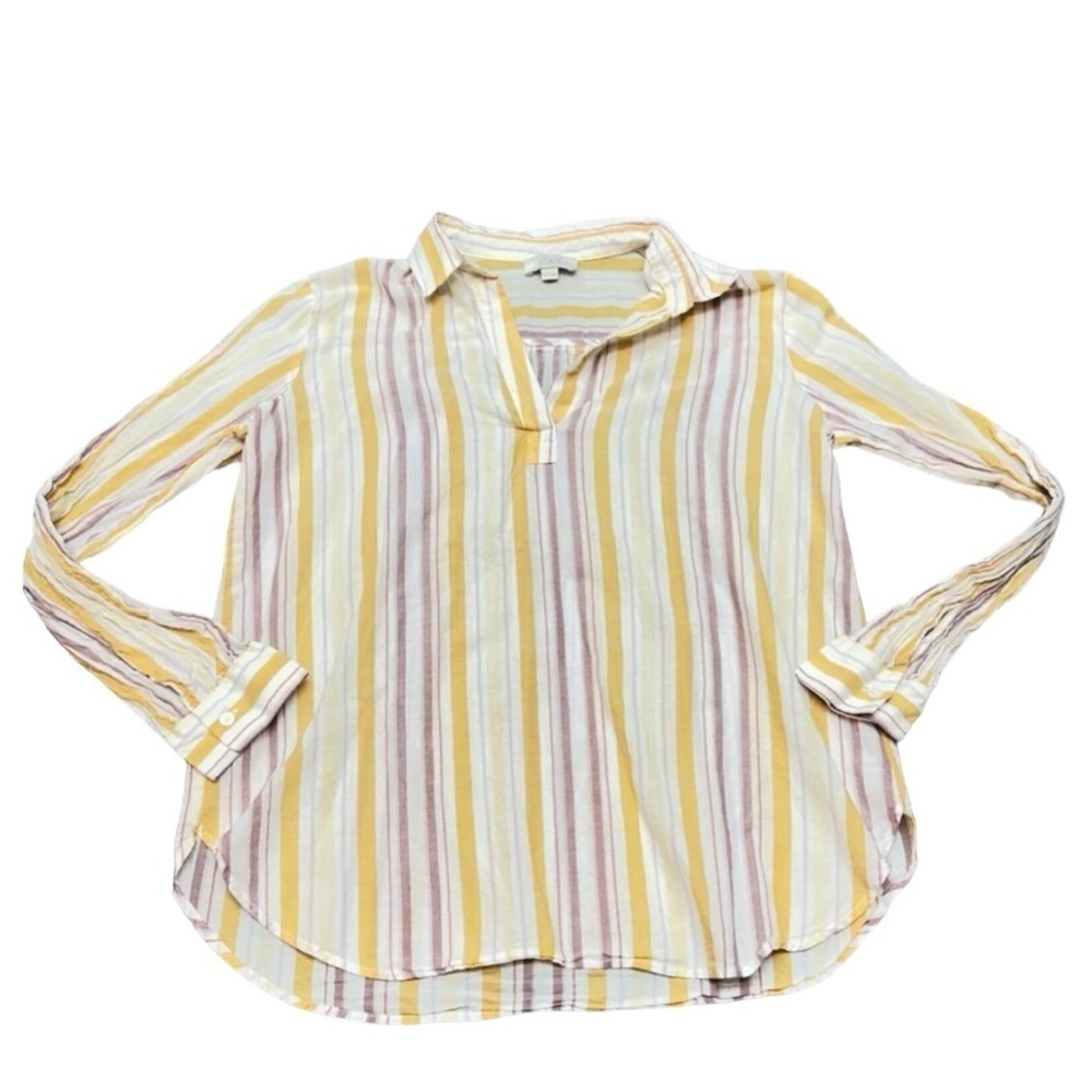 LOFT Striped Cotton Popover Blouse Small Yellow Lavender Long Sleeve Casual